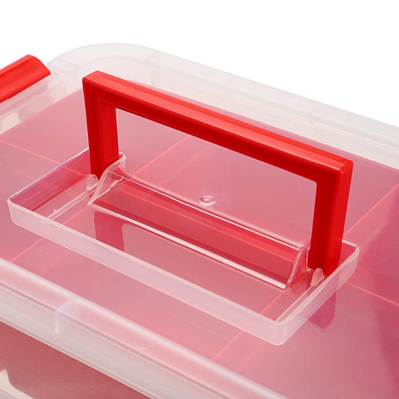 JUXYES 3-Tiers Stack Carry Storage Box With Divided Tray, Transparent Stackable Storage Bin With Handle Lid Latching Storage Container for School & Office Supplies (Red) - Image 5